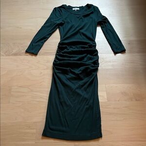 Michael Stars size S forest green ribbed 100% cotton, Ruched Long Sleeve Dress